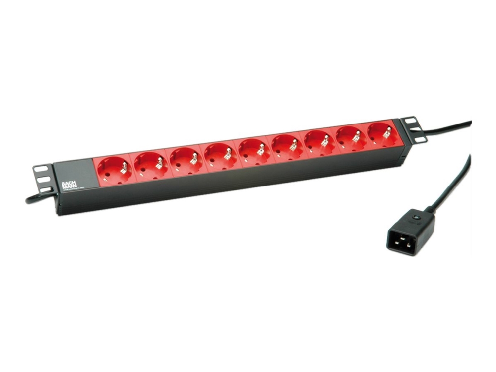 Bachmann - Stikdåse (Rackversion) - Beskyttende Kontakt - Input: Iec 60320 C20 - Output-Stikforbindelser: 9 (Power Cee 7/3) - 1U - 19" - Sort, Rød