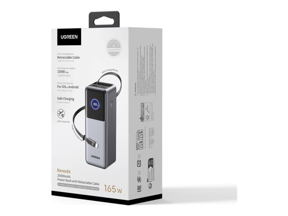Nešiojama Baterija Ugreen Nexode Power Bank, 165W, 20.000 Mah, Su Įtraukiamu Kabeliu