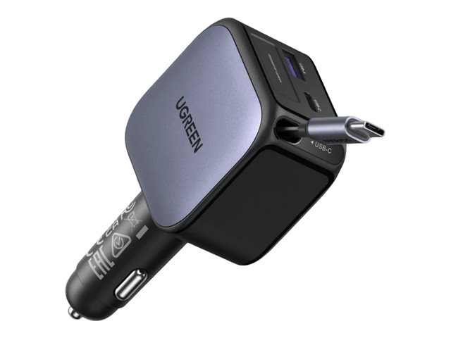 Ugreen Ec602 60W Usb-A, 2Xusb-C Kfz-Schnellladegerät Mit Ausziehbarem Kabel