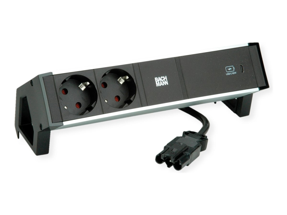 Bachmann Desk 2 Alu - Stikdåse - Ac 250 V - Input: Gst18i3 - Output-Stikforbindelser: 2 (2 X Cee 7/3, 24 Pin Usb-C) - 20 Cm Ledning - Sort