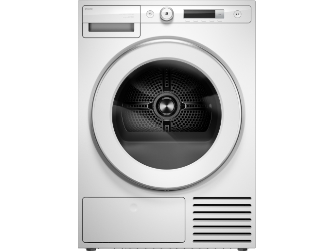 Asko T309HCW er en tørretumbler designet i Sverige med ekstra robust konstruktion for en problemfri hverdag i mange år. Den har en kapacitet på 9 kg og 12 programmer for nem og effektiv tørring. Maskinen har et brugervenligt fnugfilter, One Motion Lint Filter, som gør den daglige pleje af tørretumbleren enkel. Butterfly Drying teknologien fordeler tøjet og sikrer jævn og skånsom tørring., Fritstående, Front-læsning, Varmepumpe, Hvid, Knapper, Dreje, Højre