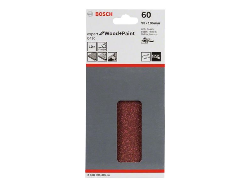 Bosch Expert for Wood and Paint C430 - Sandpapirssæt - for træ, maling - 10 stykker - rektangulær - kornstørrelse: 60 - 93 mm x 186 mm