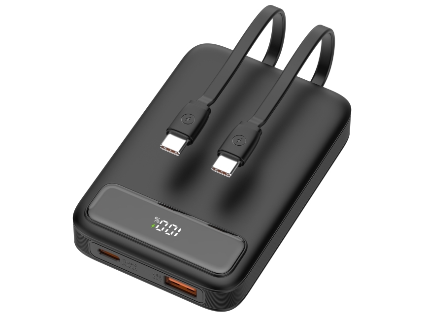 Deltaco Powerbank 10.000 Mah, 2 Integrierte Usb-C-Kabel, Pd 20 W, Schwarz, 10.000 Mah, Lithium-Polymer (Lipo), Schnellladung, 15 W, Schwarz