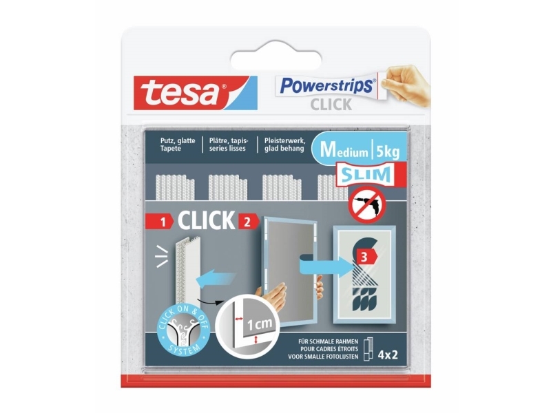 tesa Powerstrips CLICK tesa Powerstrips CLICK Slim - velcroklæbepuder til på- og afklikning af billedrammer og vægdekorationer uden boring Hvid