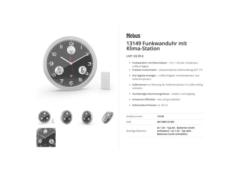 Mebus 13149 Funkuhr 30 Cm Aluminium Stealth Uhrwerk (Geräuschlos)