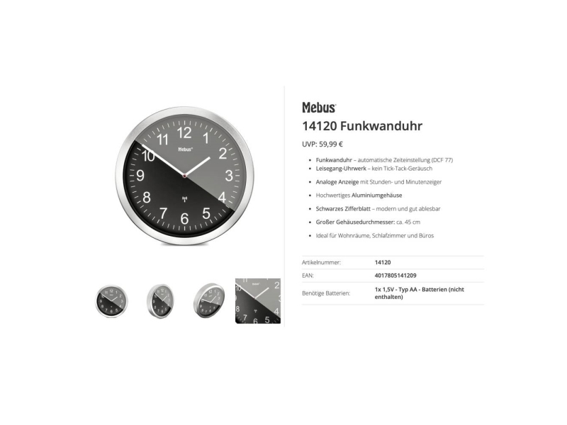 Mebus 14120 Funkuhr 45 Cm Aluminium Stealth Uhrwerk (Geräuschlos)