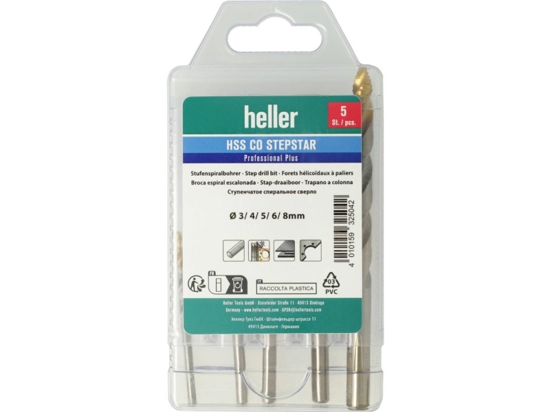 Heller 325042 Hss-Co Stepstar 5 Tlg. Hss-Co Metal-Spiralbor-Sæt Din 338 1 Set