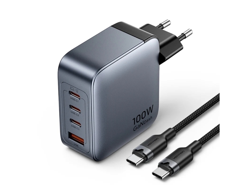 Vention Ladegerät 3X Usb-C, 1X Usb-A 100W (Grau) Mit Usb-C-Zu-Usb-C-Kabel (1 M) Schwarz