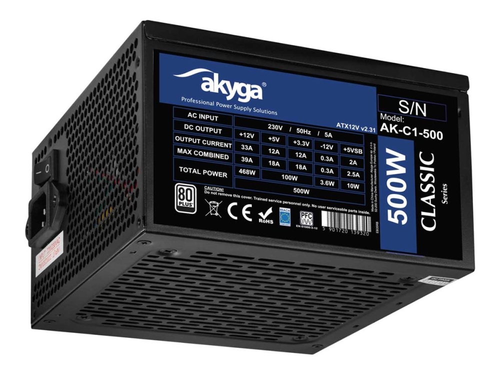 Atx 500W-Netzteil Akyga Ak-C1-500 P4+4 2X Pci-E 6+2 Pin 4X Sata 2X Molex Apfc Fan 12Cm