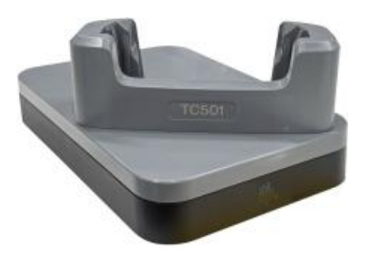 ZEBRA FAST Charge-Only ShareCradle til opladning af én TC501-enhed uden beskyttelsescover, sælges separat: USB-C-kabel (CBL-EC5X-USBC3A-01), landespe