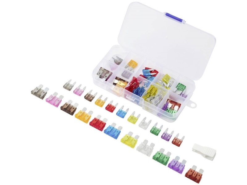 TRU COMPONENTS 60pcs fuse kit TC-14378664 Sikringssæt, Sikringsudtrækker 2 A, 3 A, 5 A, 7.5 A, 10 A, 15 A, 20 A, 25 A, 30 A, 35 A, 40 A Grå, Purpur, Brun,