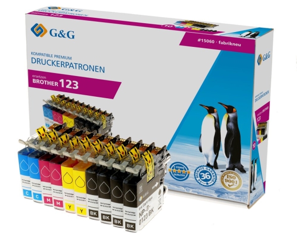 G&G Tinte ersetzt Brother LC-123 Kompatibel 10er-Pack Schwarz Cyan, Højt (XL) udbytte, Sort, Magenta, Blå, Gul, 77,6 ml, 69,2 ml, 10 stk, Multipakke