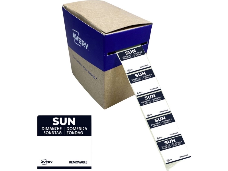 Avery Dlssunrev-1000 Dagsetiketter Til Fødevarer, Søndag, 25X25 Mm, Sort Dagsetiketter Til Fødevarer Søndag 25X25 Mm Med Aftagelig Klæb Til Detaljere