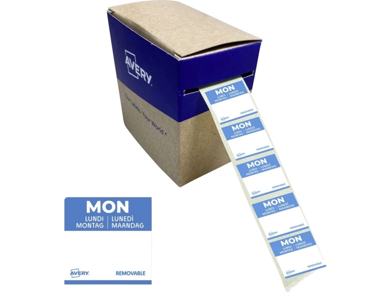 Avery Dlsmonrev-1000 Dagsetiketter Til Fødevarer, Mandag, 25X25 Mm, Blå Dagsetiketter Til Fødevarer Mandag 25X25 Mm Med Aftagelig Klæb Til Detaljeret