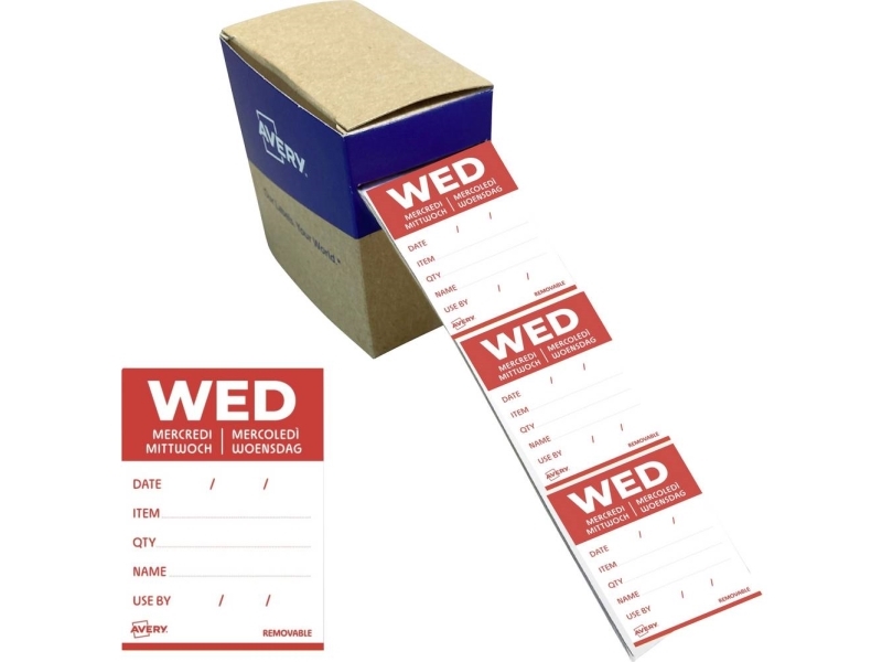 Avery Dldwedrev-500 Dagsetiketter Til Fødevarer, Onsdag, 40X56 Mm, Rød Dagsetiketter Til Fødevarer Onsdag 40X56 Mm Med Aftagelig Klæb Til Detaljeret