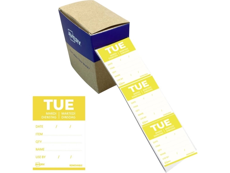 Avery Dldtuerev-500 Dagsetiketter Til Fødevarer, Tirsdag, 40X56 Mm, Gul Dagsetiketter Til Fødevarer Tirsdag 40X56 Mm Med Aftagelig Klæb Til Detaljere