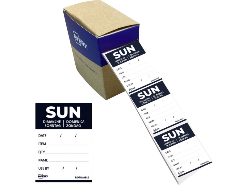 Avery Dldsunrev-500 Dagsetiketter Til Fødevarer, Søndag, 40X56 Mm, Sort Dagsetiketter Til Fødevarer Søndag 40X56 Mm Med Aftagelig Klæb Til Detaljeret