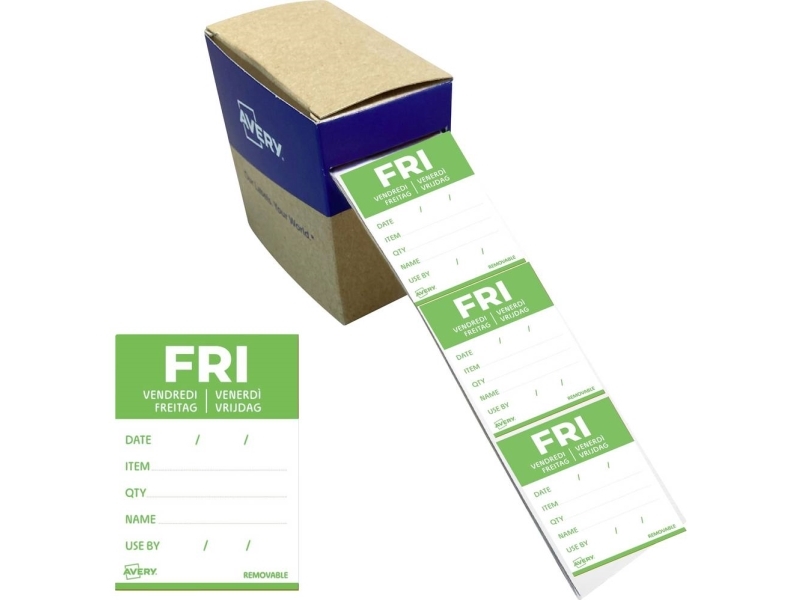 Avery Dldfrirev-500 Dagsetiketter Til Fødevarer, Fredag, 40X56 Mm, Grøn Dagsetiketter Til Fødevarer Fredag 40X56 Mm Med Aftagelig Klæb Til Detaljeret