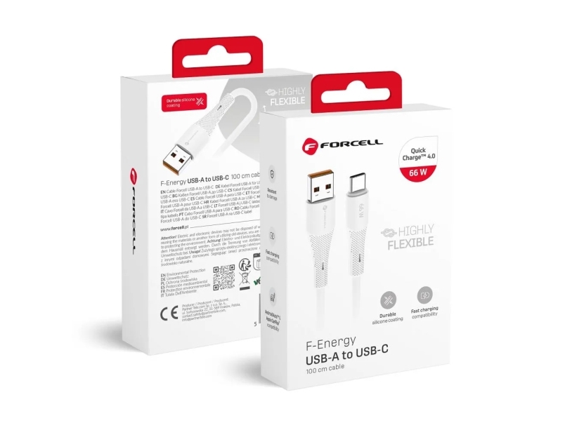 Forcell USB-A til USB-C QC4.0 kabel 66W 3A 1 m – hvid