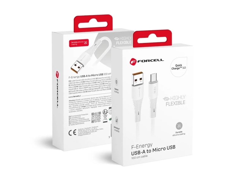 Forcell USB 2.0 A til Micro USB - QC3.0 2,4A 18W silikone 1 m hvid