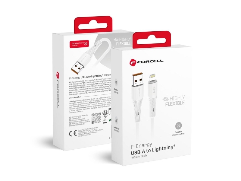 FORCELL F-ENERGY C343 kabel USB A til Lightning 2,4A 12W silikone 1 m hvid
