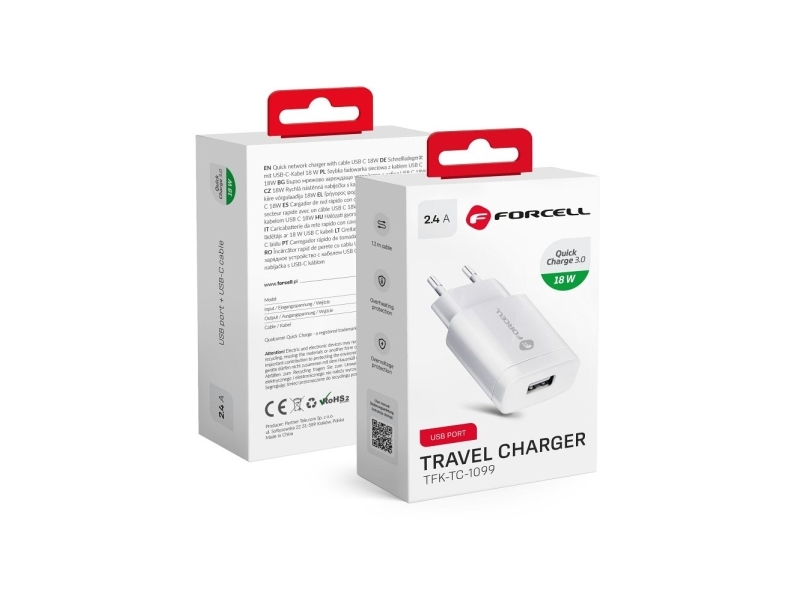 Forcell USB-A oplader QC3.0 2,4A 18W hvid