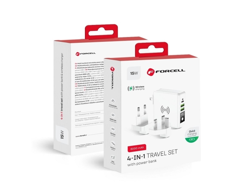 FORCELL F-ENERGY ladowarka wielofunkcyjna 4w1 15W ze zlaczami USB/USB typ C, power bankiem 8000mAh i ladowaniem bezprzewodowym