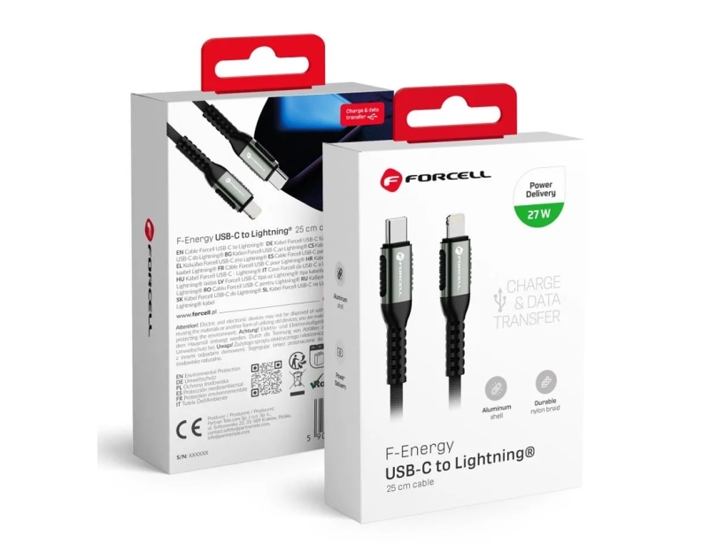 Forcell USB-C til Lightning PD 3A 27W Cafule 0,50 m - sort