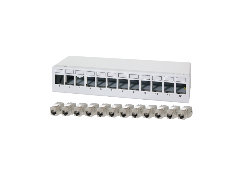Logilink Desktop Patch Panel Kat.6A, 12 Port, Lichtgrau (Ral7035), 12 X Rj45 Ports, Geschirmt, Schraubloses Stahl - 1 Stück (Nk4093)