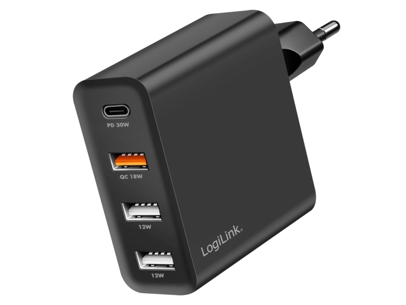 Logilink Usb-Steckdosenadapter, 3X Usb-A (Qc), 1X Usb-C (Pd) Schwarz, Eurostecker, 48 Watt, Gan-Technologie, Eingang: - 1 Stück (Pa0377)