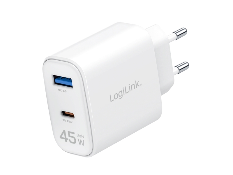 Logilink Usb-Stikdåseadapter, 1X Usb-C (Pd), 1X Usb-A (Qc) 45 W, Hvid, Eurostik - Usb-C Kobling & Usb-A Kobling - 1 Stk. (Pa0410)