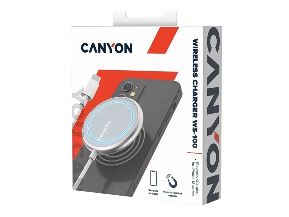 Canyon Ws-100 - Trådløs Opladningspude - 15 Watt - Fast Charge - Sølv - For Apple Iphone 12, 12 Mini, 12 Pro, 12 Pro Max, 13, 13 Mini, 13 Pro, 13 Pro