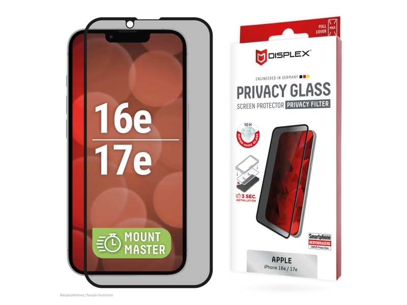 Displex Privacy Panzerglas (10H) Für Apple Iphone 16E/17E,Mountmaster Privacy Filter, Apple, Iphone 16E/17E, Stoßfest, Staubresistent, Schlagfest, Kr