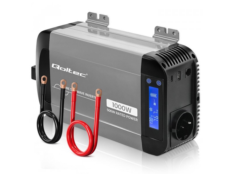 Qoltec Pure Sine Wave spÃ¦ndingsomformer 12V til 230V - 500/1000 W med LCD, USB og USBâC - kompatibel med LiFePO4, GEL, AGM