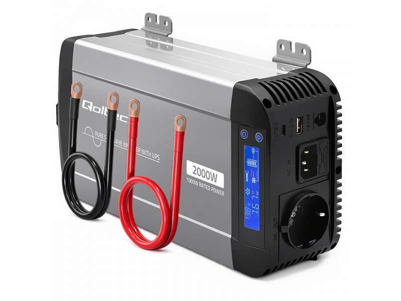 Qoltec Pure Sine Wave -jännitemuunnin ja UPS | 12V - 230V | 1000/2000W | LCD | USB | USB-C | USB-C | Yhteensopiva LiFePO4 GEL AGM -laitteiden kanssa