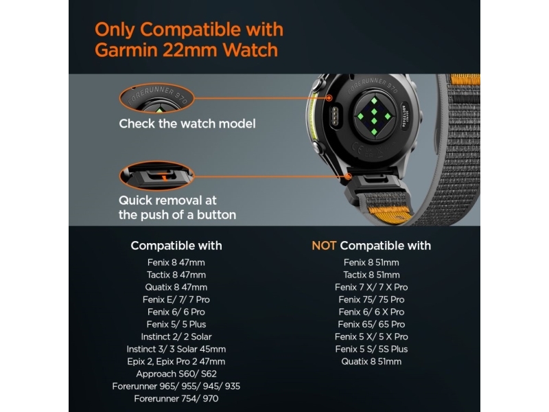 Spigen Athlex Air, Band, Smartwatch, Sort, Orange, Garmin, Garmin - Fenix 8 / Tactix 8 / Quatix 8 / Epix 2 / Epix Pro 2 (47Mm) Garmin - Fenix E / 7 /