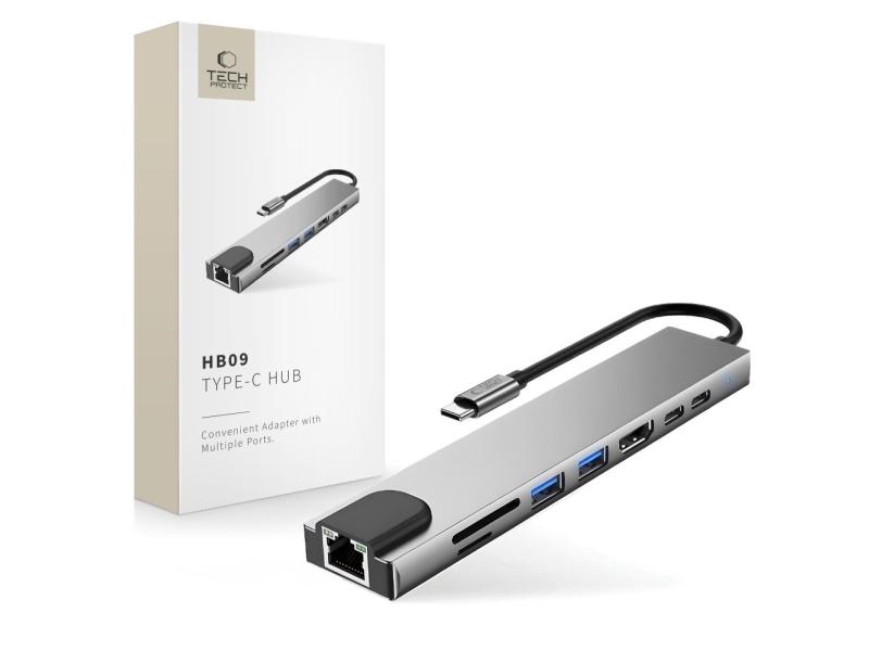 Usb-Hub Tech-Protect Tech-Protect Hb09 8-In-1 Type-C + Usb-A 3.0 + Usb-C 3.0 + Hdmi 4K 60Hz + Sd/Tf + Pd100w + Rj45 1000Mb/S Space Grey