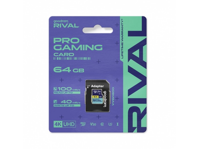 Goodram Microsdxc 64Gb V30 Uhs I U3 Rival + Adapter, 64 Gb, Microsdxc, Klasse 10, 100 Mb/S, 70 Mb/S