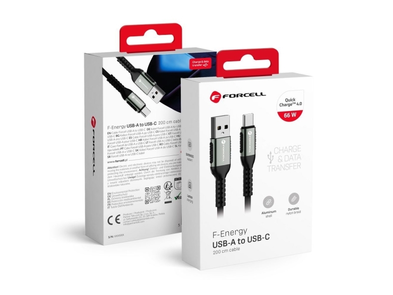Forcell USB 2.0 til USB-C kabel - QC4,0 - 3A - 66 - 2 Meter