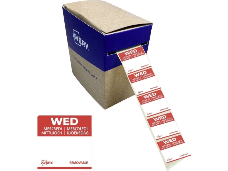 Avery Dlswedrev-1000 Dagsetiketter Til Fødevarer, Onsdag, 25X25 Mm, Rød Dagsetiketter Til Fødevarer Onsdag 25X25 Mm Med Aftagelig Klæb Til Detaljeret