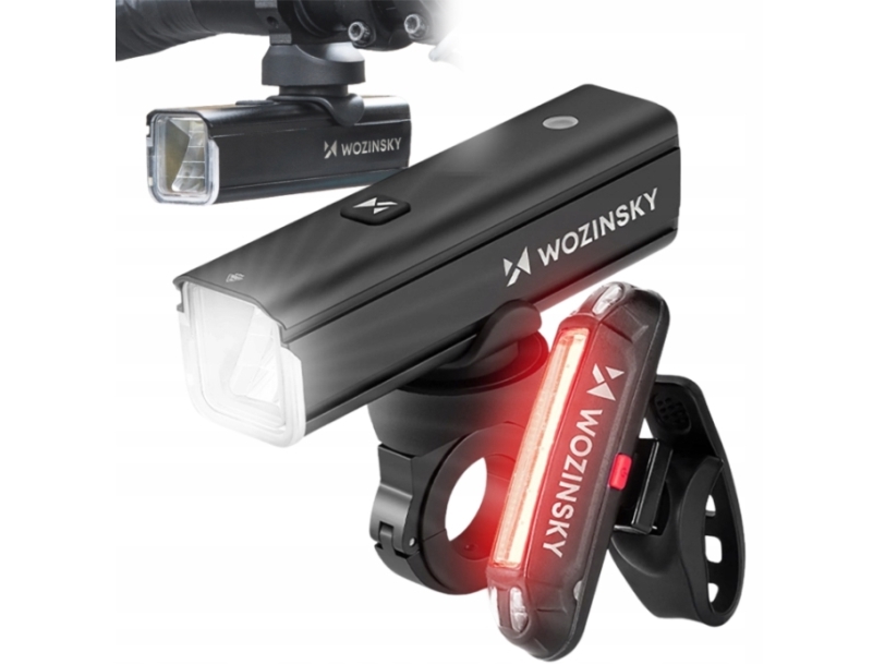 Cykellygtesæt Wozinsky WSBLB3 forlygte 1000 lm USB-C og baglygte USB micro, sort