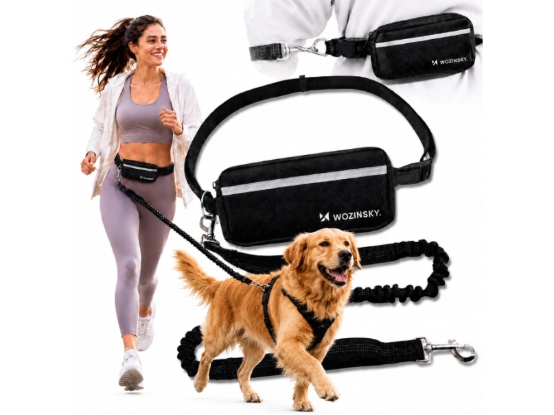 Wozinsky WPST-01 hoftebælte med lomme og elastisk line til løb med hund - sort