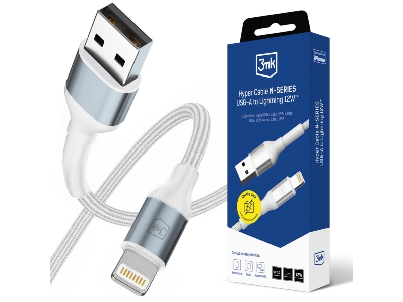 3Mk Hyper Cable N-Series Usb-A Til Lightning 1 M Qc 3.0 5V/2,4A 12W (Hvid)