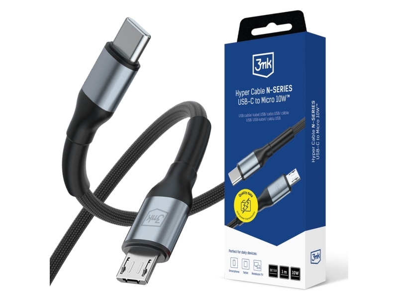 3Mk Hyper Cable N-Series Usb-C Til Micro Usb 1 M Qc 3.0 5V/2A 10W Sort