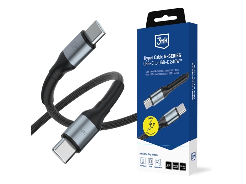 3Mk Hyper Cable N-Series C Til C Usb 3M Pd 3.0 Qc 3.0 48V/5A 240W Sort
