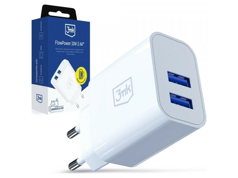 3Mk Flowpower 10W Usb-Oplader 2,4A/2A Hvid