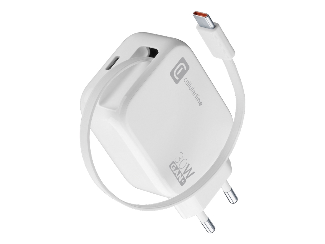Cellularline Retractable Power 30W, Indendørs, Vekselstrøm, 0,7 M, Hvid