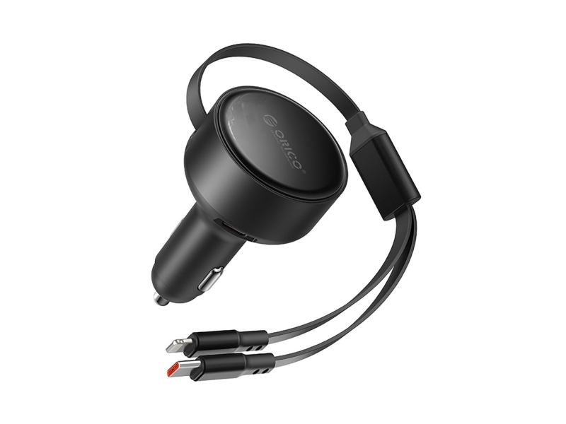 Orico Dual Stretch 60 W Biloplader Usb-C Med To Aftagelige Kabler Usb-C + Lightning, Sort