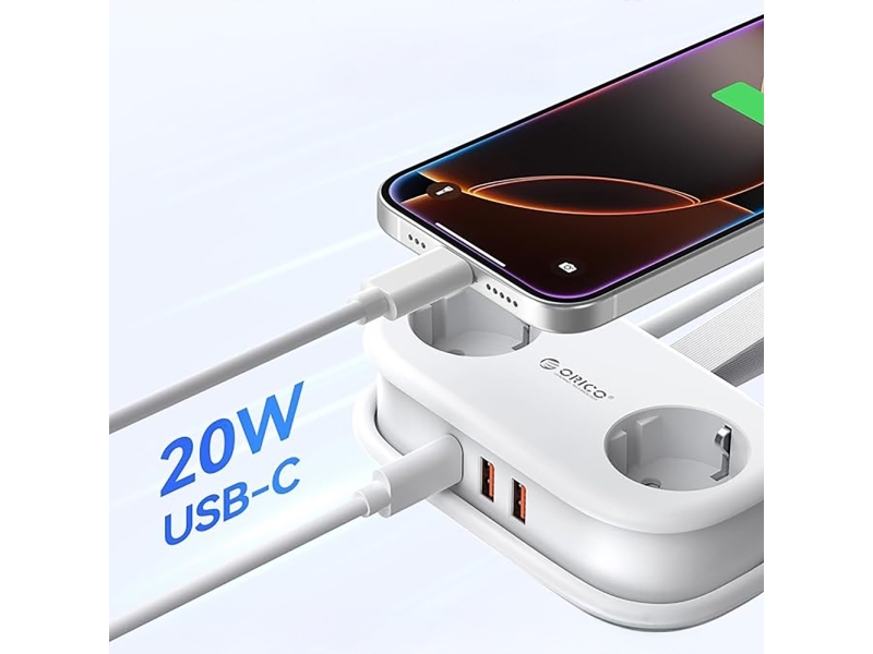 Orico powerstrip APP, 2x Schuko + 2x USB-A + 1x USB-C, hvid