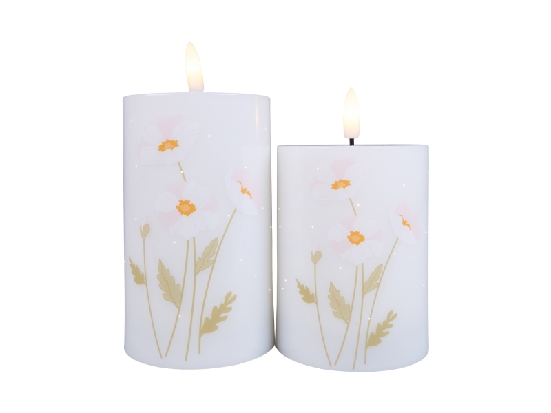 Det Gamle Apotek Fiber Optic LED candle, H10/12,5xDia7,5cm, 2/box/Boks, Hvid, Poppy Rose